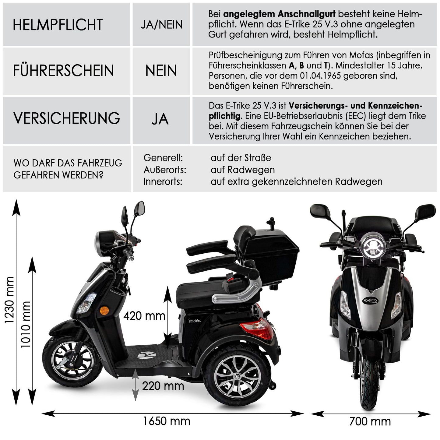 Rolektro Seniorenroller E-Trike 25 V.3 Schwarz Modell 2024 + kostenlos passende Abdeckplane