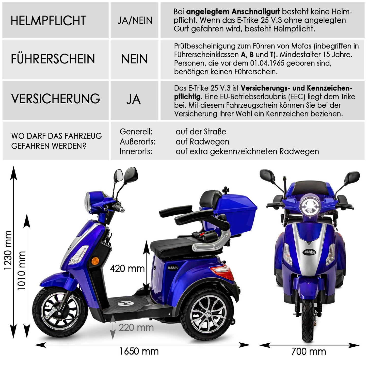 Rolektro Seniorenroller E-Trike 25 V.3 Lithium 25 km/h Blau Modell 2025 + kostenlos passende Abdeckplane
