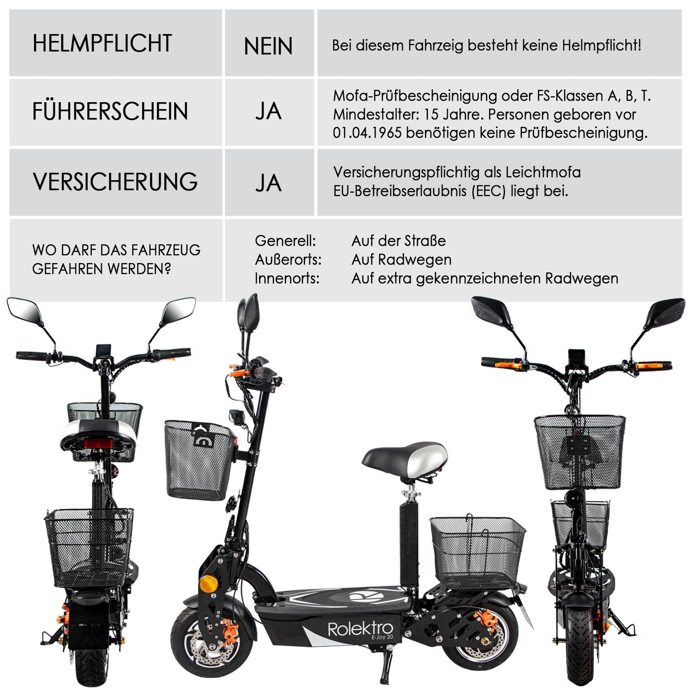 Rolektro E-Joy 20 Schwarz 20 km/h Modell 2025 + kostenlos passende Abdeckplane