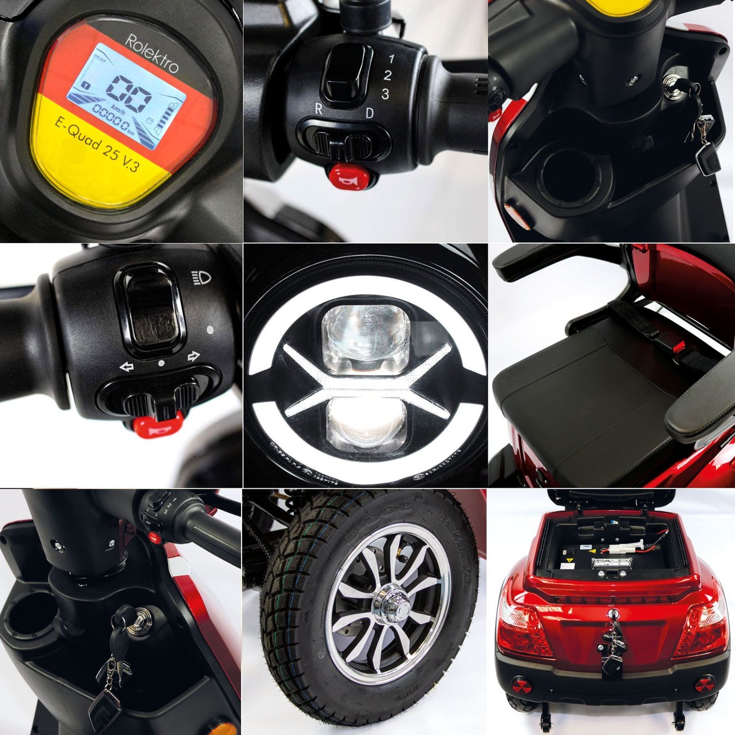 Rolektro Seniorenroller E-Quad 25 V.3 Rot Lithium 25 km/h Modell 2025 + kostenlos passende Abdeckplane